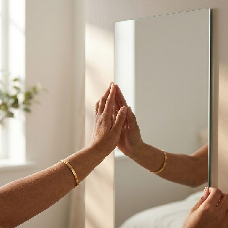 Hand op een grote plak passpiegel