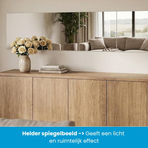 Vierkante glazen plakspiegels 30x30 cm als spiegelstrook, helder spiegelbeeld