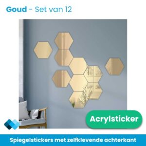Spiegel hexagon goud, set van 12 hexagon spiegelstickers op een grijze muur