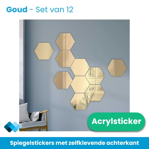 Spiegel hexagon goud, set van 12 hexagon spiegelstickers op een grijze muur