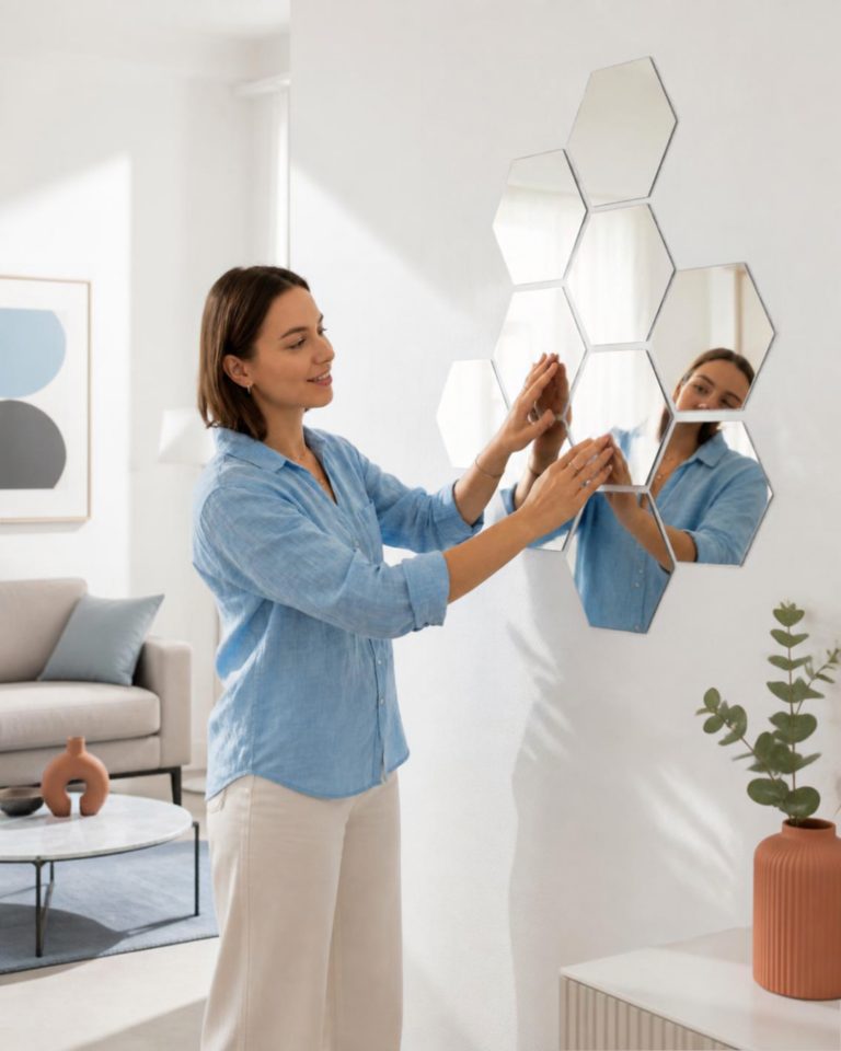 Vrouw plakt hexagon plakspiegels op de muur