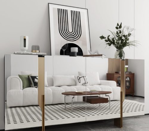 Dressoir beplakt met spiegelfolie in een woonkamer
