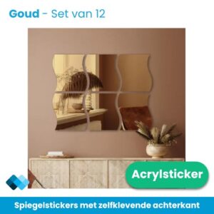 Spiegelstickers golfvorm goud, set van 12 als golvende spiegel boven een dressoir