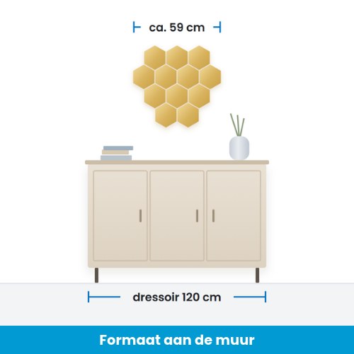 Spiegel hexagon goud als honingraat boven een dressoir