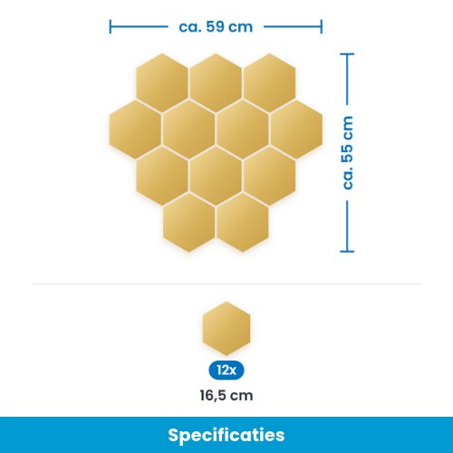 Afmetingen hexagon spiegelstickers goud: 12x 16,5 cm, honingraat ca. 59 x 55 cm