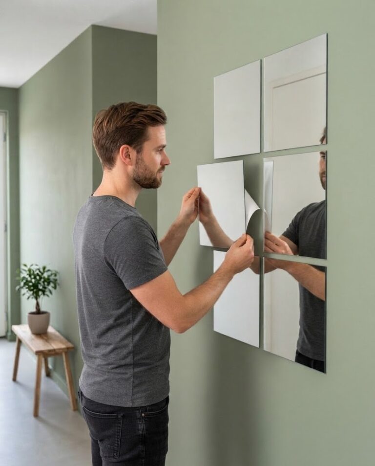 Man maakt een spiegelwand met vierkante plakspiegels