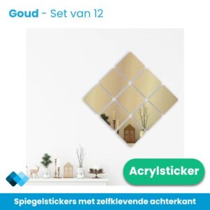 Vierkante spiegel stickers goud, set van 12 als ruit op een lichte muur